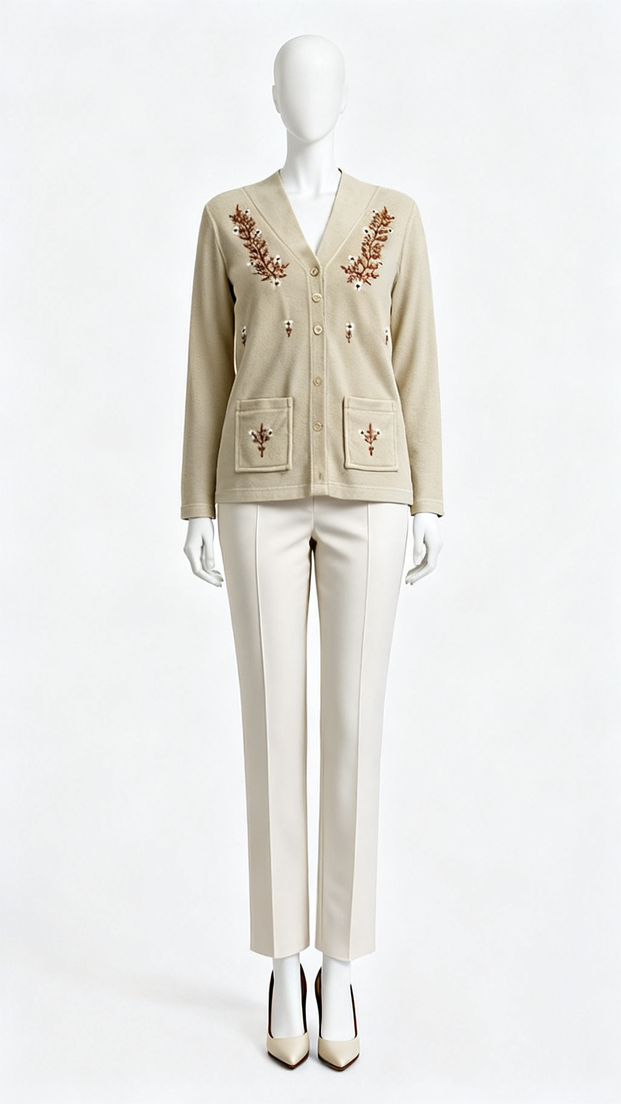 Beige Embroidered Cardigan