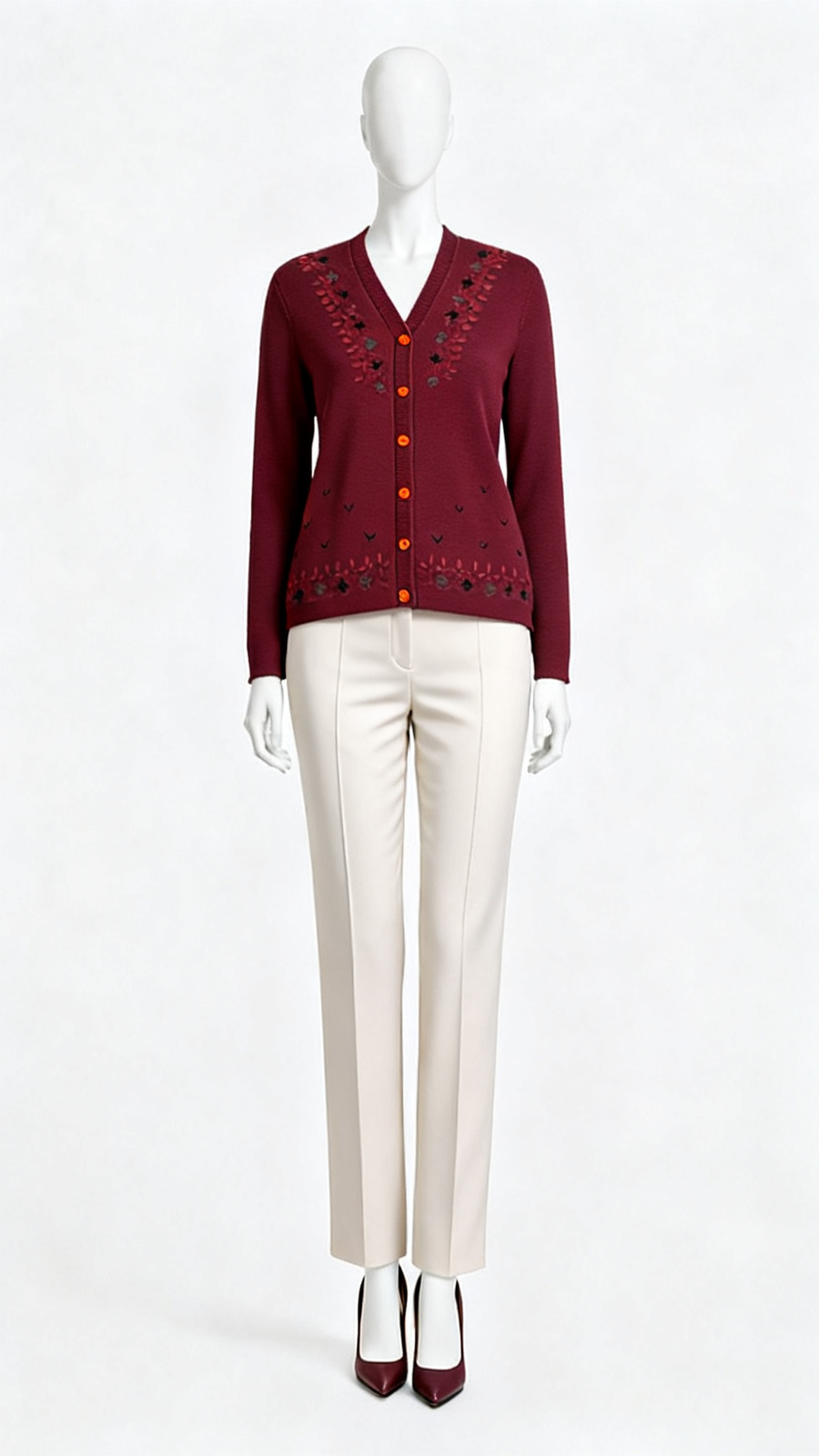 Maroon Embroidered Button Cardigan