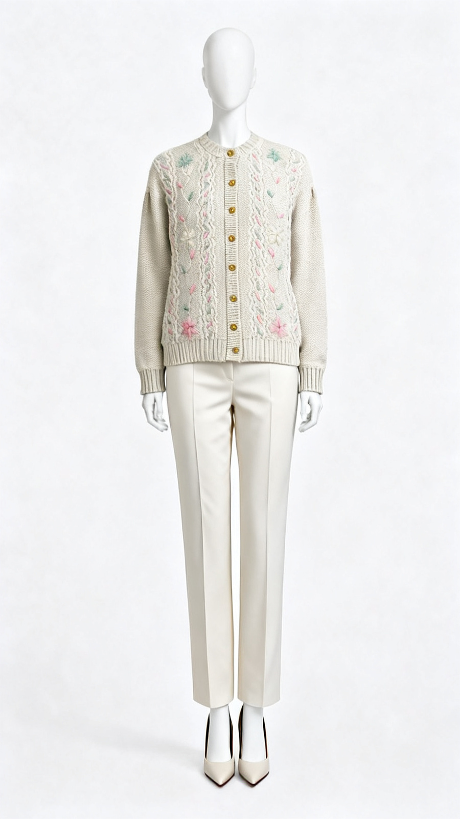 Beige Embroidered Button Cardigan