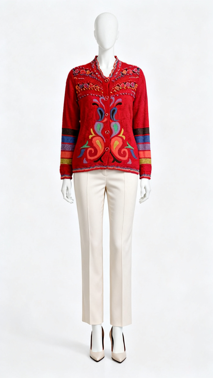 Red Embroidered Statement Knit Cardigan