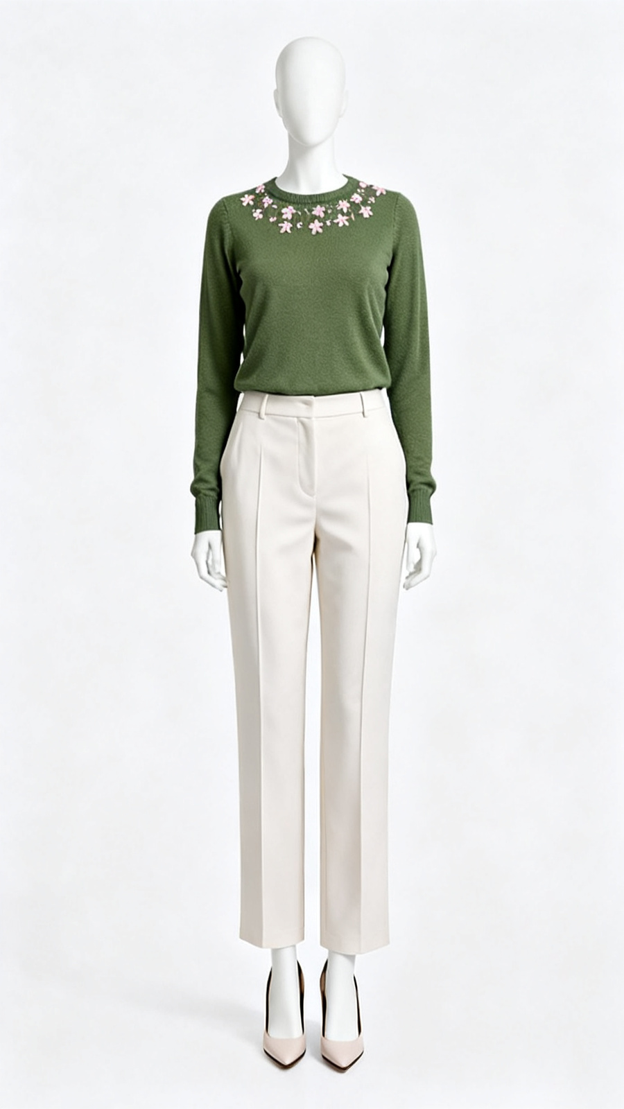 Olive Floral Neck Embellished Pullover