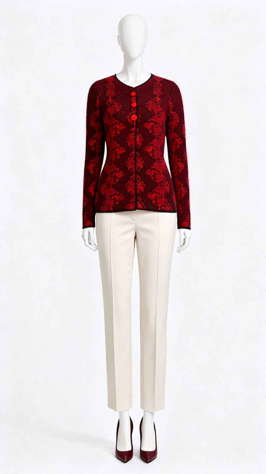 Maroon Patterned Button Knit Cardigan