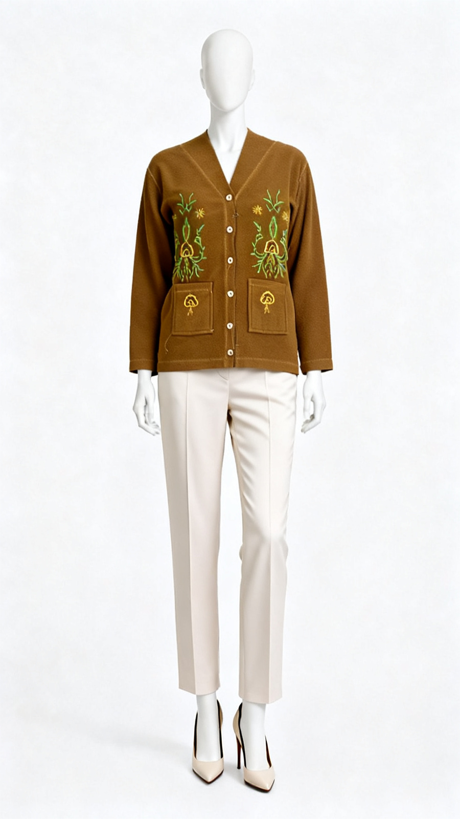 Brown Embroidered Button Knit Cardigan
