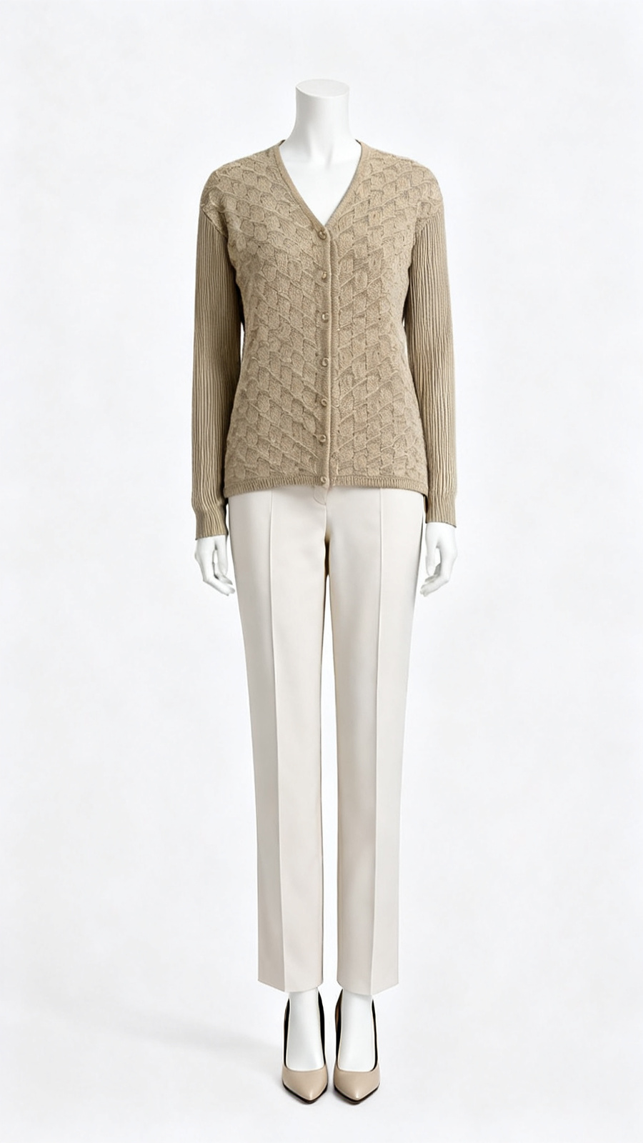 Beige Textured Knit Cardigan