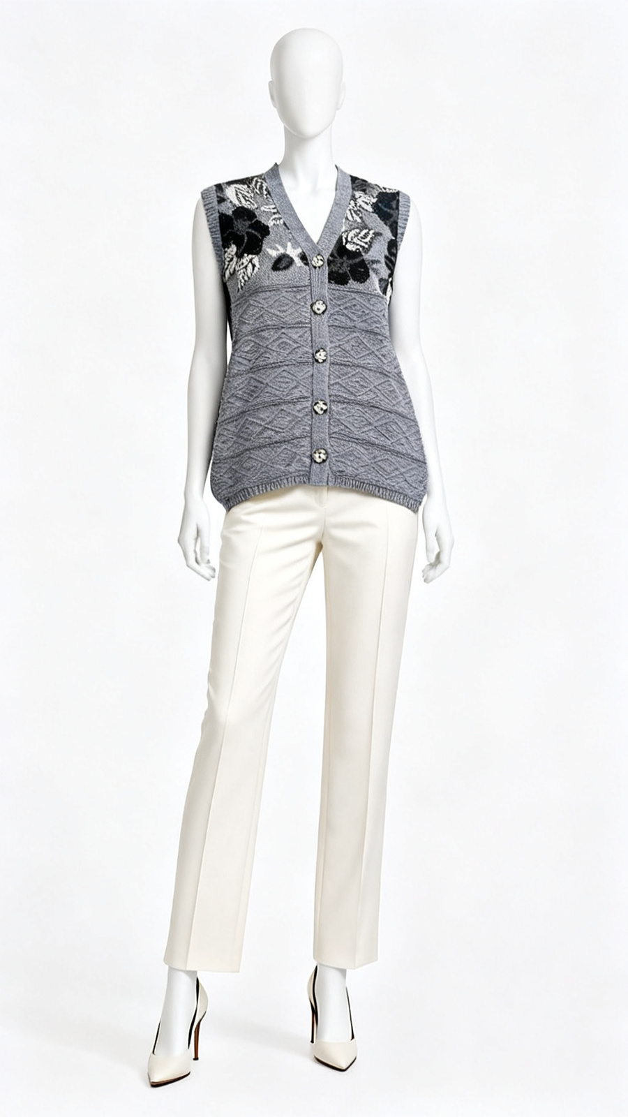 Grey Floral Knit Sleeveless Cardigan