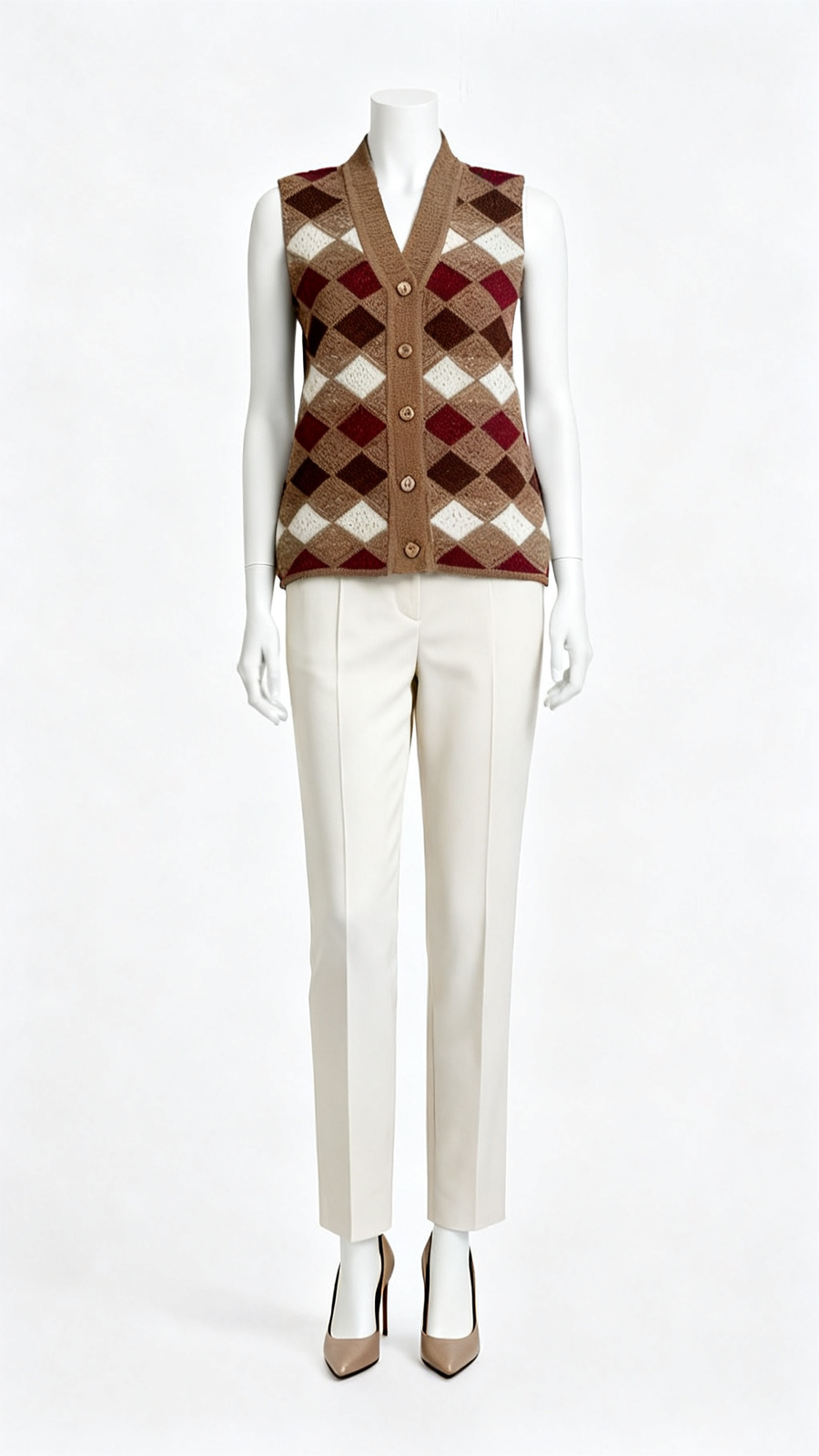 Brown Argyle Knit Sleeveless Cardigan