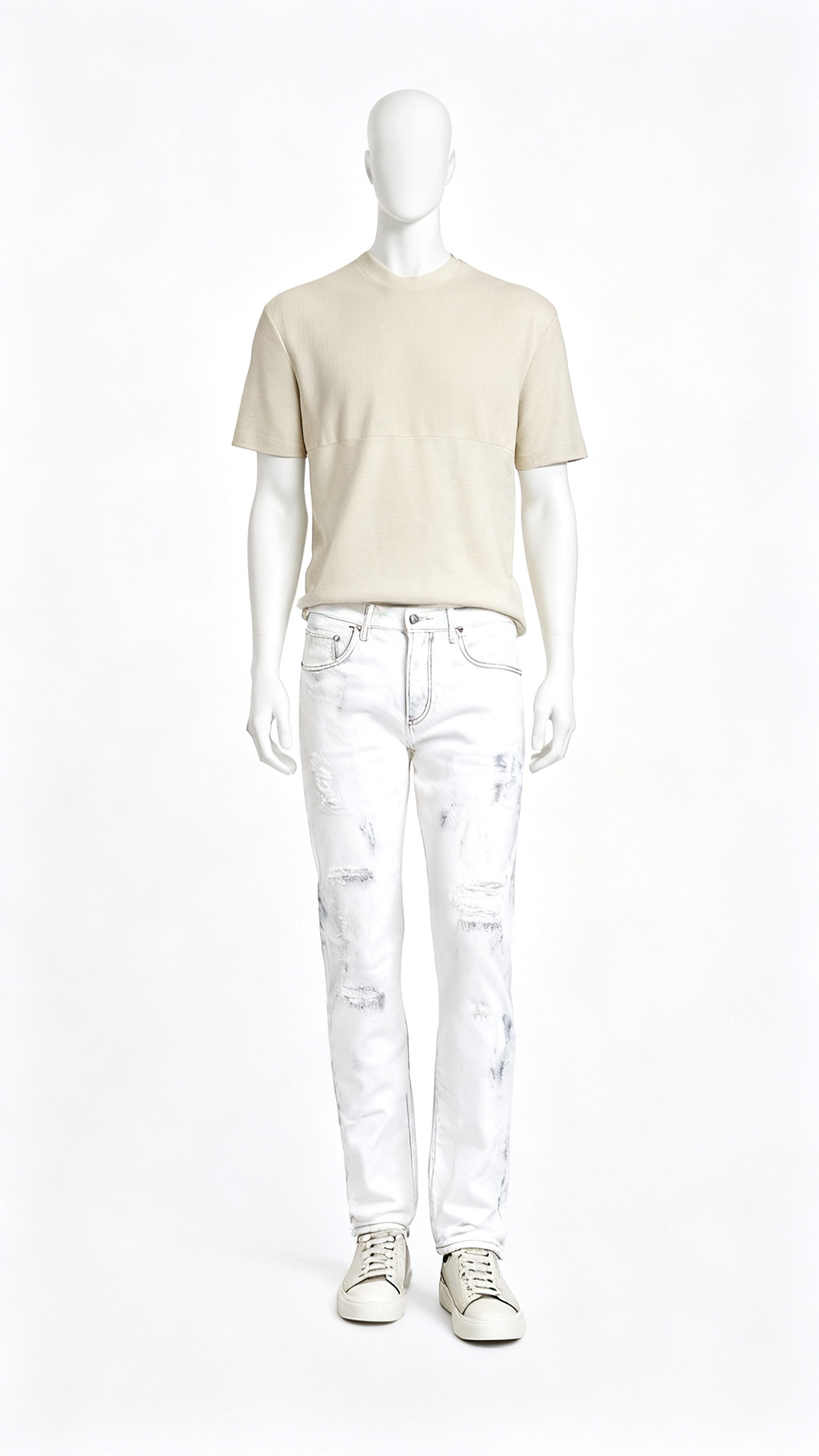 Men Off White Ribbed T-Shirt