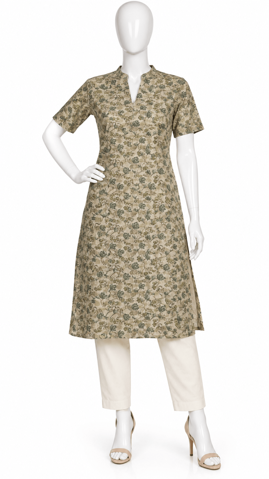 Beige Floral Sideslit Casual Kurti
