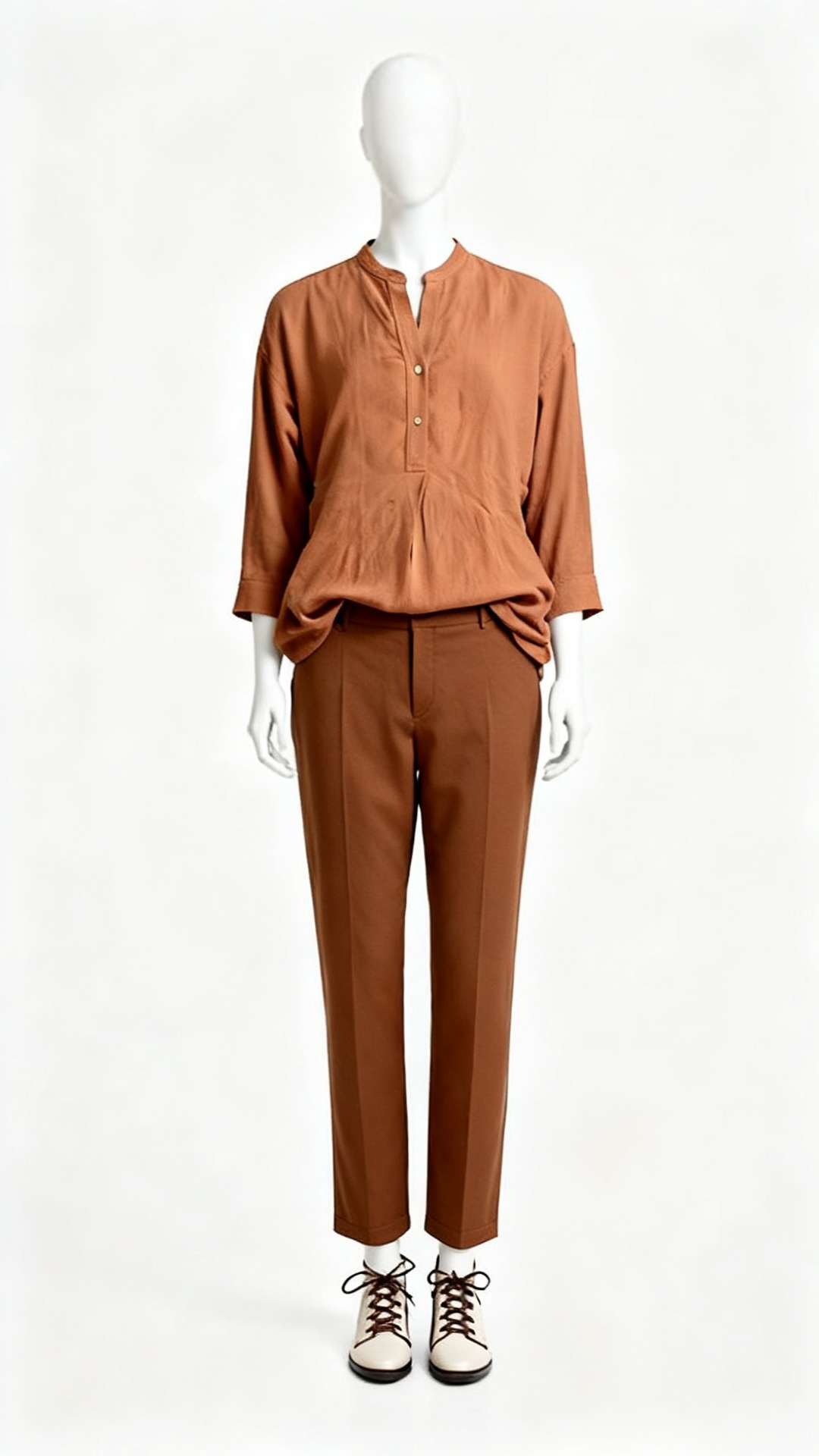 Women's Brown Mandarin Collar Three Quarter Sleeve Tunic Top